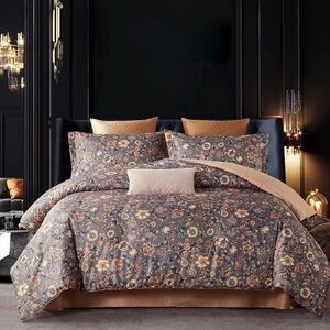 Floral Bedding Set in Gray and Tan